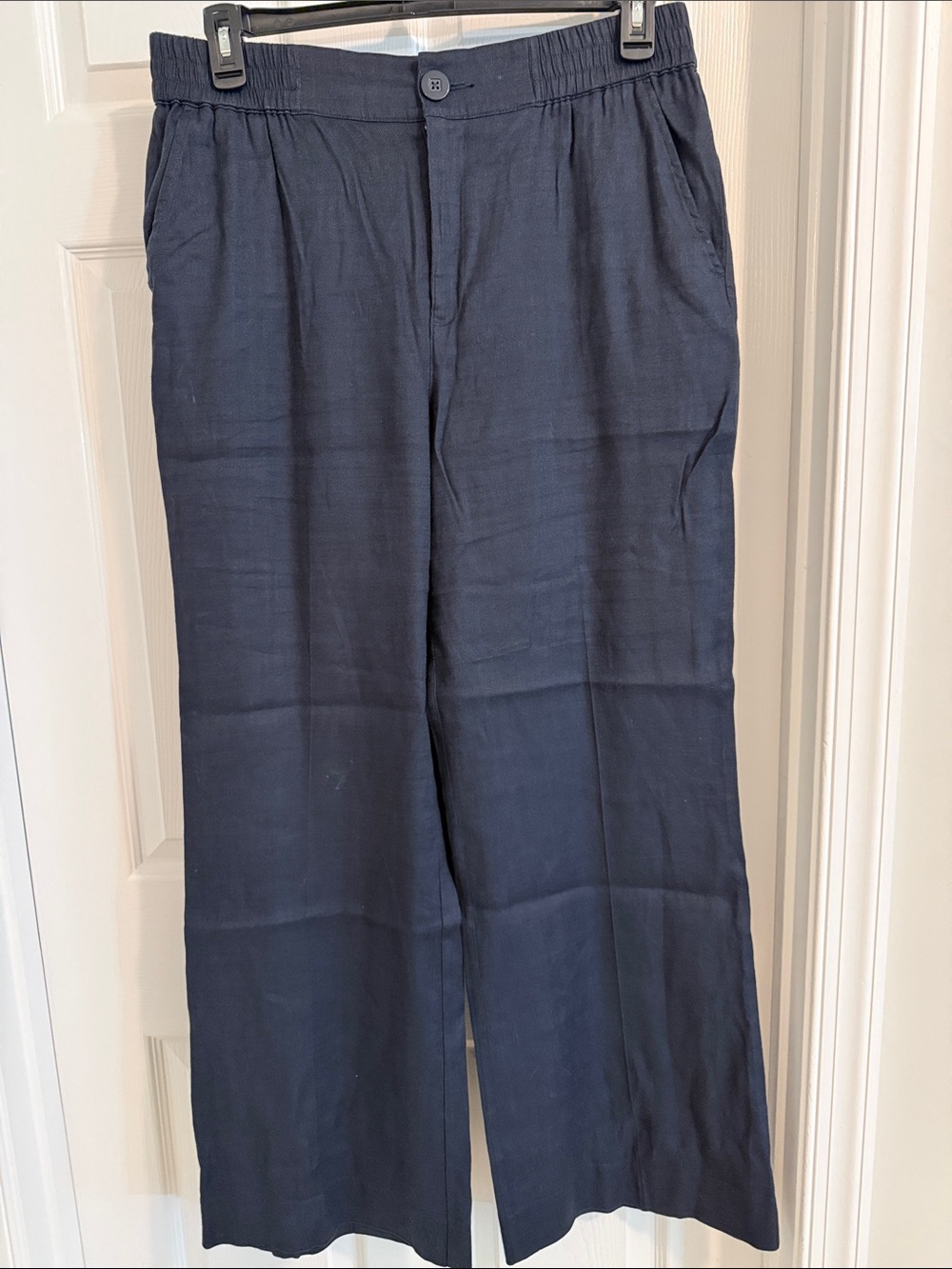 CAbi Navy Wide-Leg Linen-Blend Trousers
